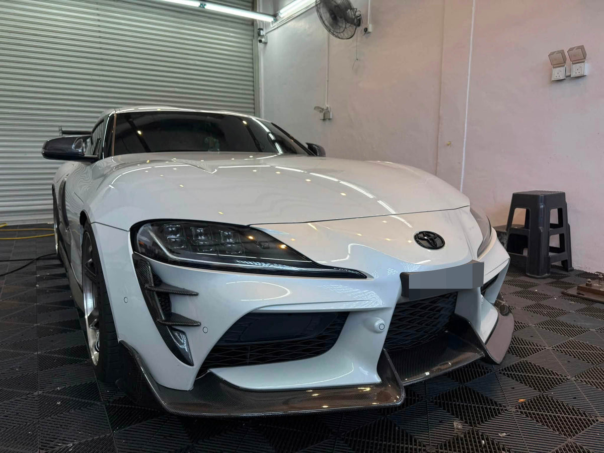 Toyota GR Supra A90 A91 carbon fiber front lip installed – front angle view